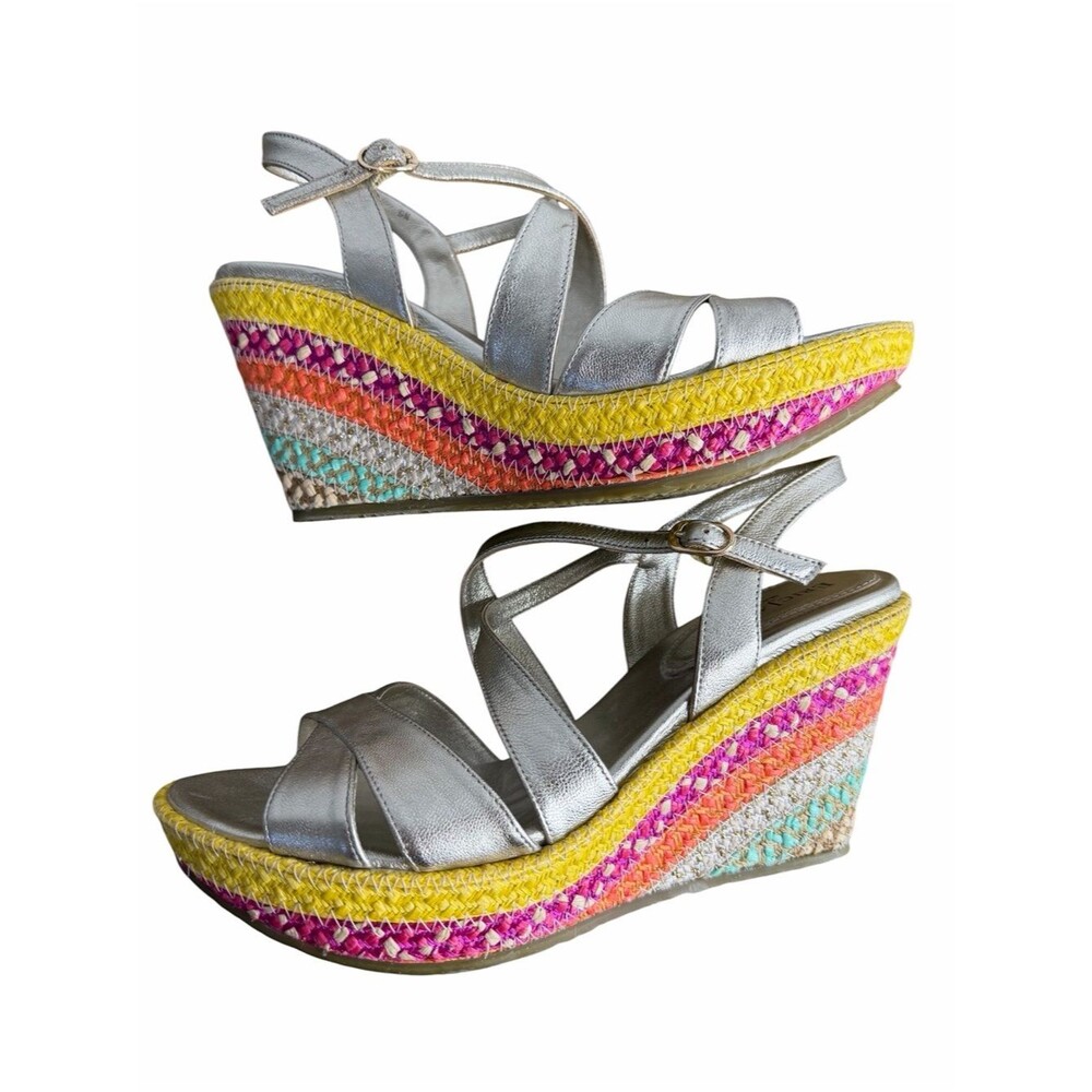 Eric Javits Effie Sandals size 9M Multi-Colored Braided Raffia Wedge Boho Shoes